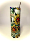 20 oz Sunflower, DragonFly, and LadyBugs Stainless Steel Tumbler with Lid, Straw