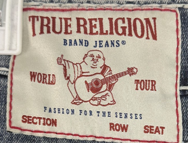 True Religion ROCCO Relaxed Skinny Mens Sz 36 x 34 Blue Denim Jeans Thick Stitch