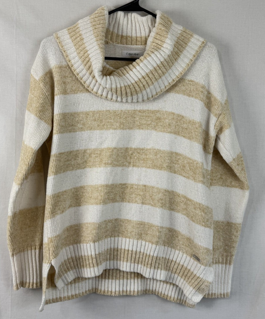 Calvin Klein Striped Turtleneck Sweater Womens XS Tan White Knit - Soft and Cozy