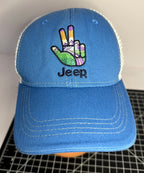 Jeep Peace Sign Hat Cap Trucker Snap Back One Size Blue Mens Mesh Embroidered