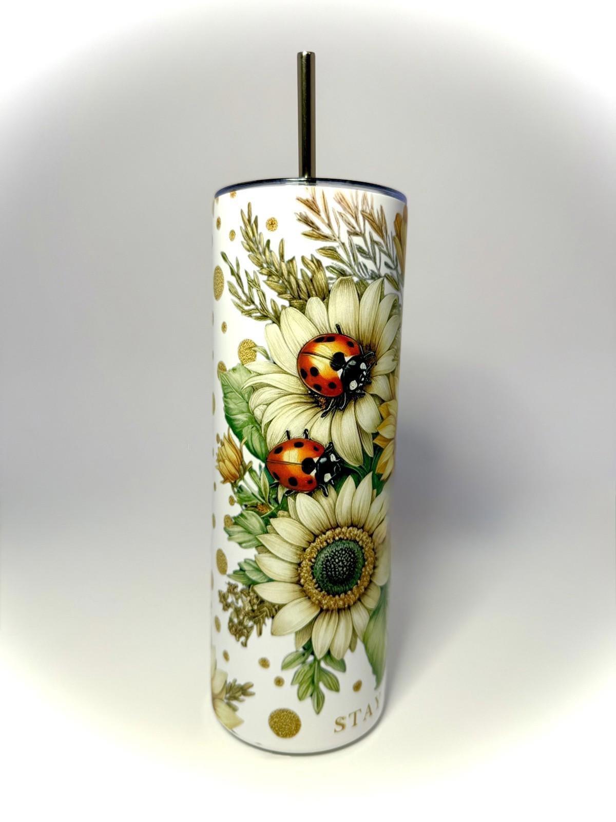 20 oz Stay Golden Sunflower and LadyBugs Stainless Steel Tumbler with Lid, Straw