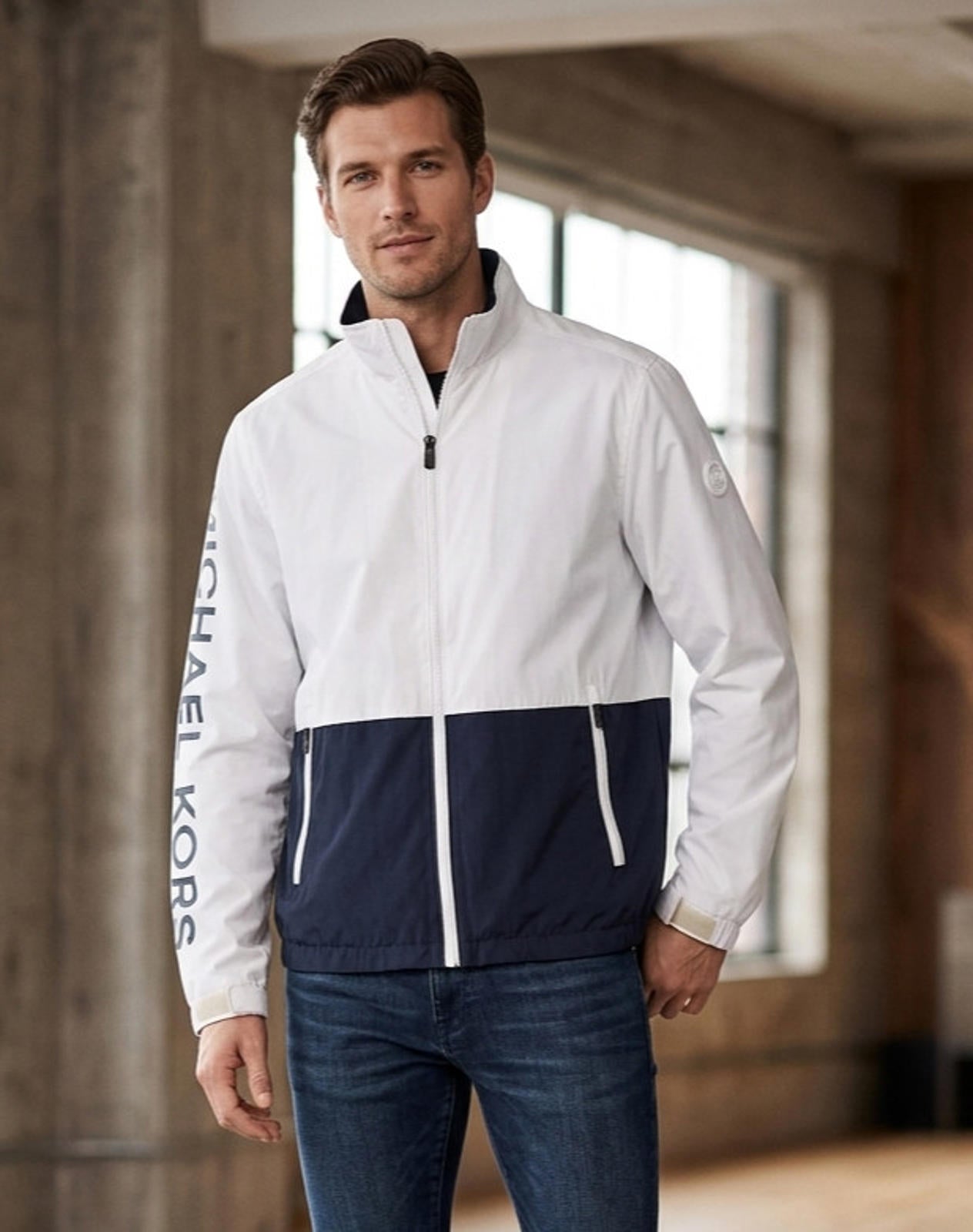 Michael Kors Perfomance Zip Jacket Windbreaker Mens Size M White and Blue