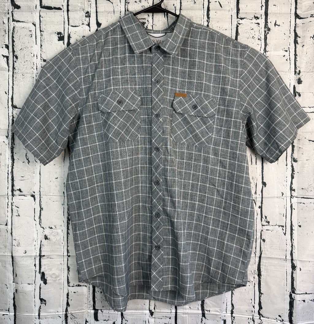 Orvis Mens XL Gray Windowpane Check Tech Short Sleeve Button Up Shirt