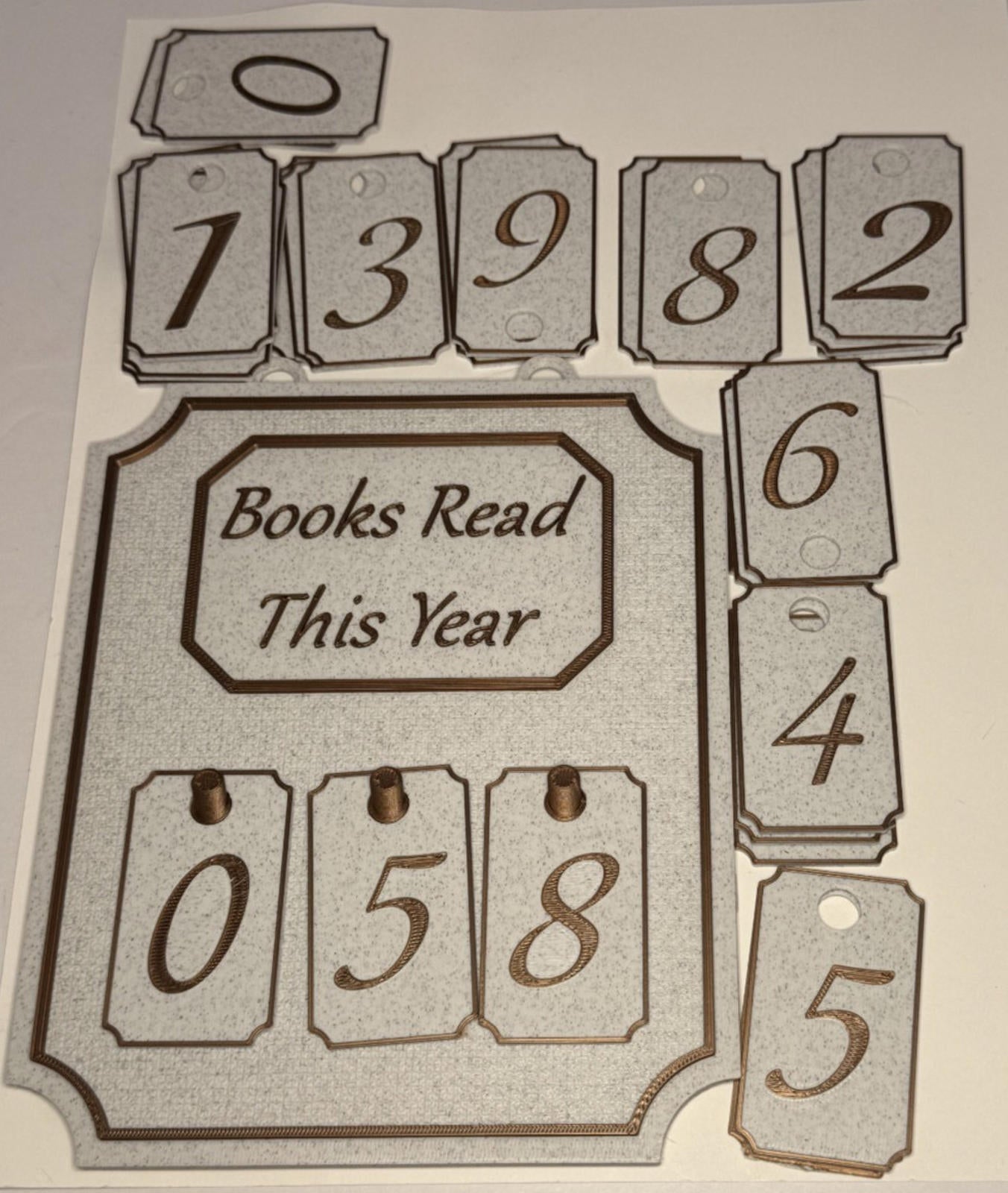 Books Read Counter - 3D Printed PLA - Marble and Bronze - Includes All Numbers