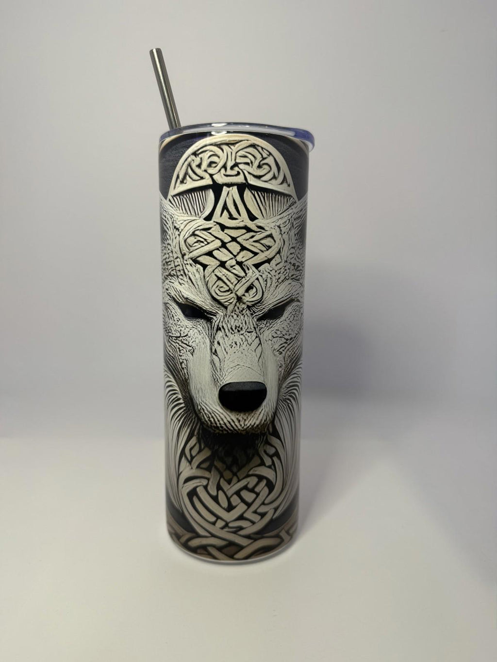 20 oz White Wolf Stainless Steel Tumbler with Lid, Straw