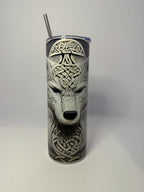 20 oz White Wolf Stainless Steel Tumbler with Lid, Straw