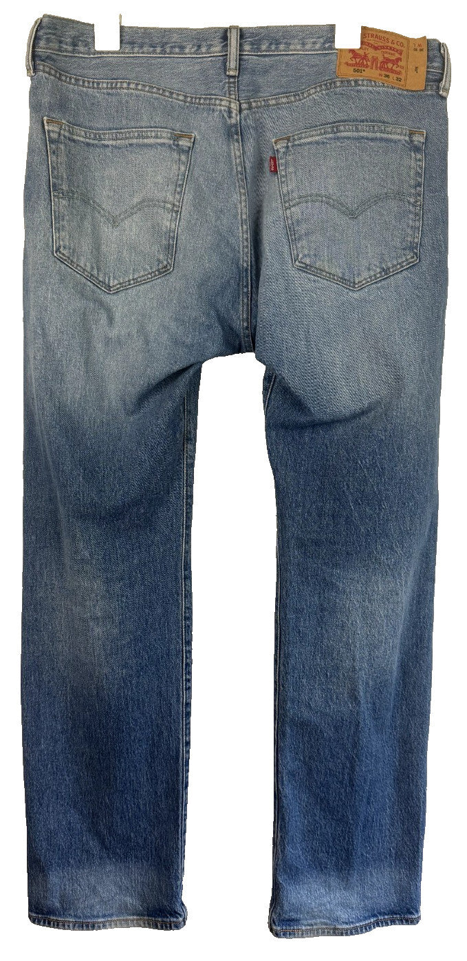 Levis 501 Jeans Mens 36x32 Blue Light Wash Button Fly Straight Leg Denim Faded