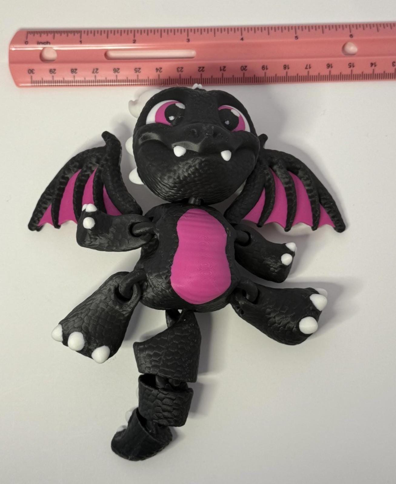3D Printed Baby Flex Dragon ~ PLA ~ Black and Pink ~ Movable Wings ~ 7 Inch