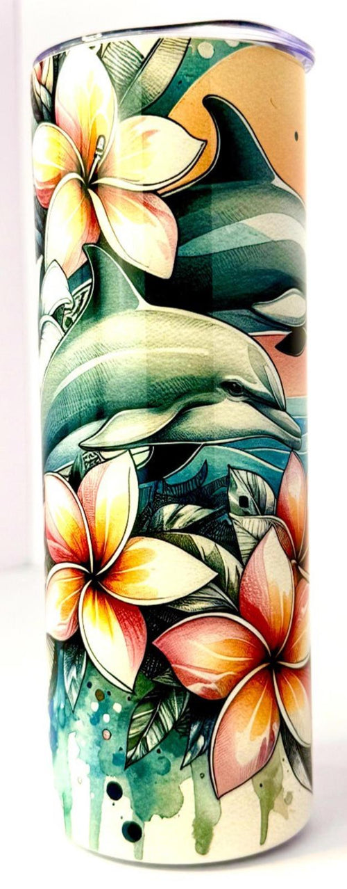 20 oz Hawaiian Dolphins Stainless Steel Tumbler with Lid, Straw