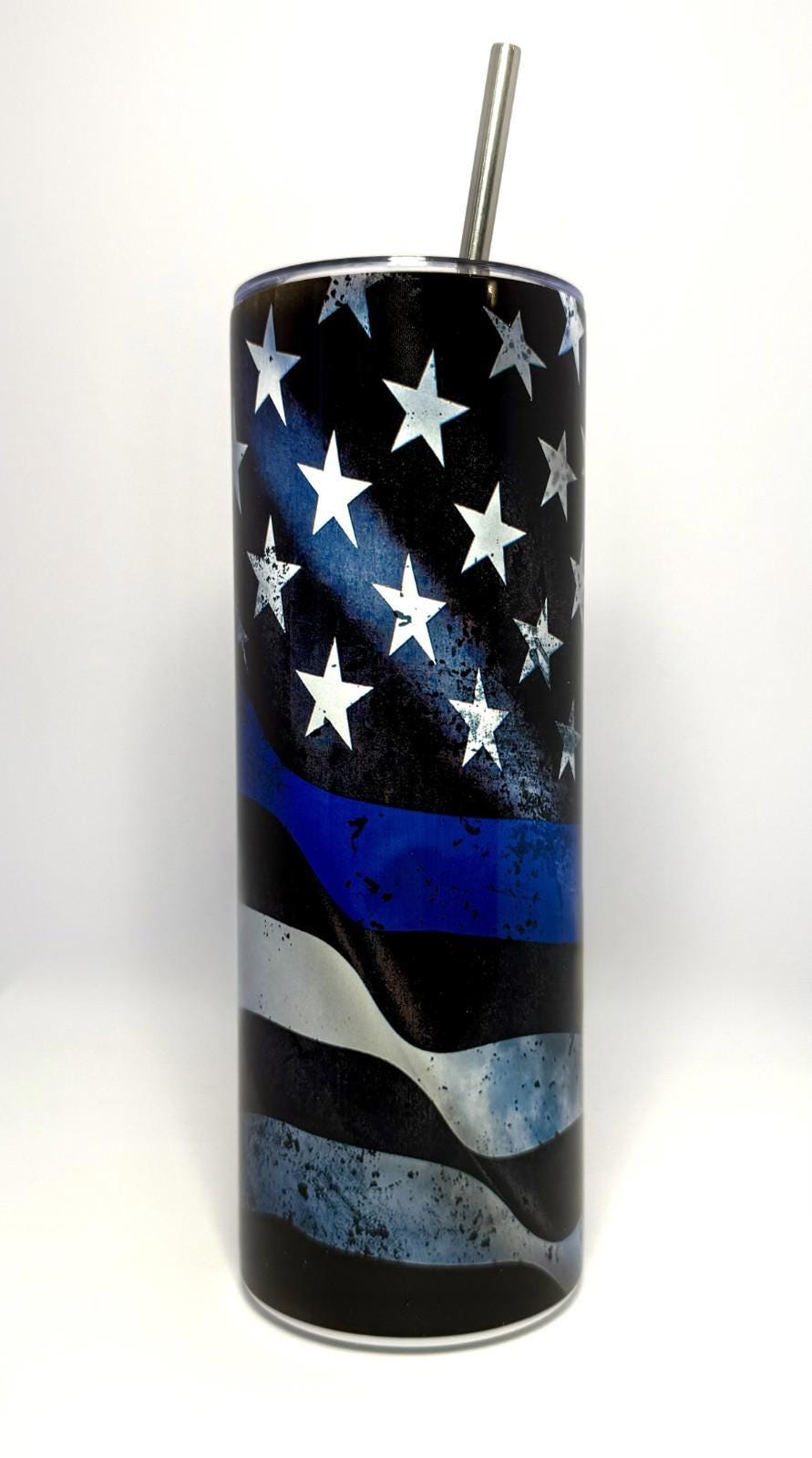 20 oz Blue Line Stainless Steel Tumbler with Lid, Straw