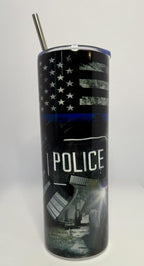 20 oz Police Stainless Steel Tumbler with Lid, Straw