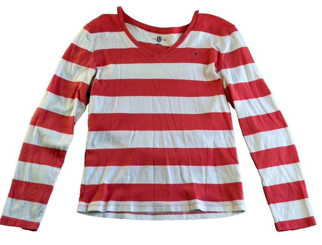 Tommy Hilfiger Striped V-Neck Stretch Cotton Long Sleeve T Shirt Womens Sz L