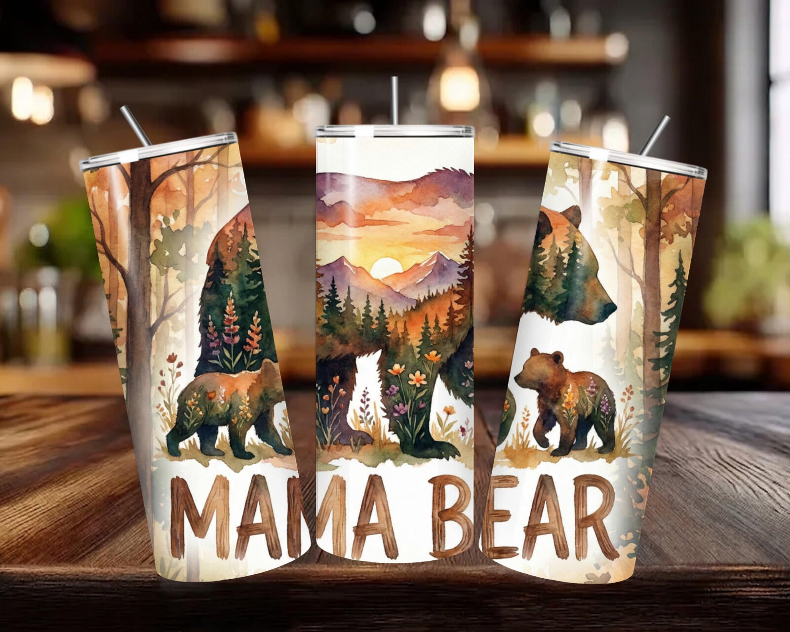 20 oz Mama Bear Stainless Steel Tumbler with Lid, Straw