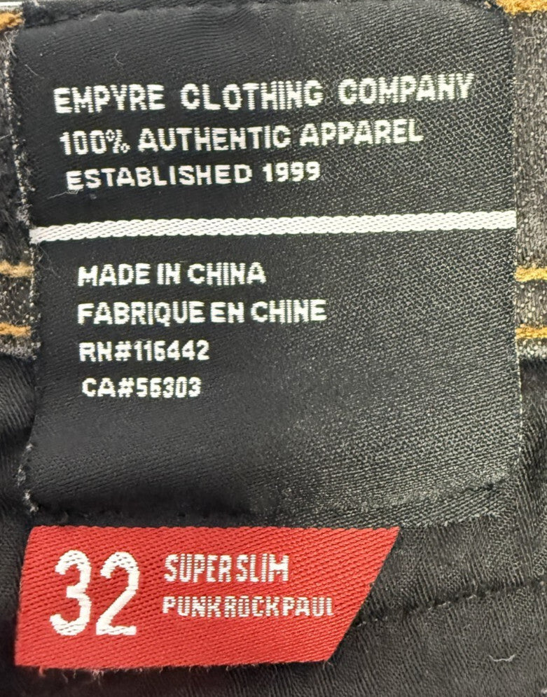 Empyre Jeans PunkRockPaul Black Mens Sz 32 Super Slim Denim Pant Zipper Pockets