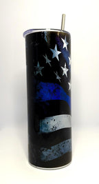 20 oz Blue Line Stainless Steel Tumbler with Lid, Straw