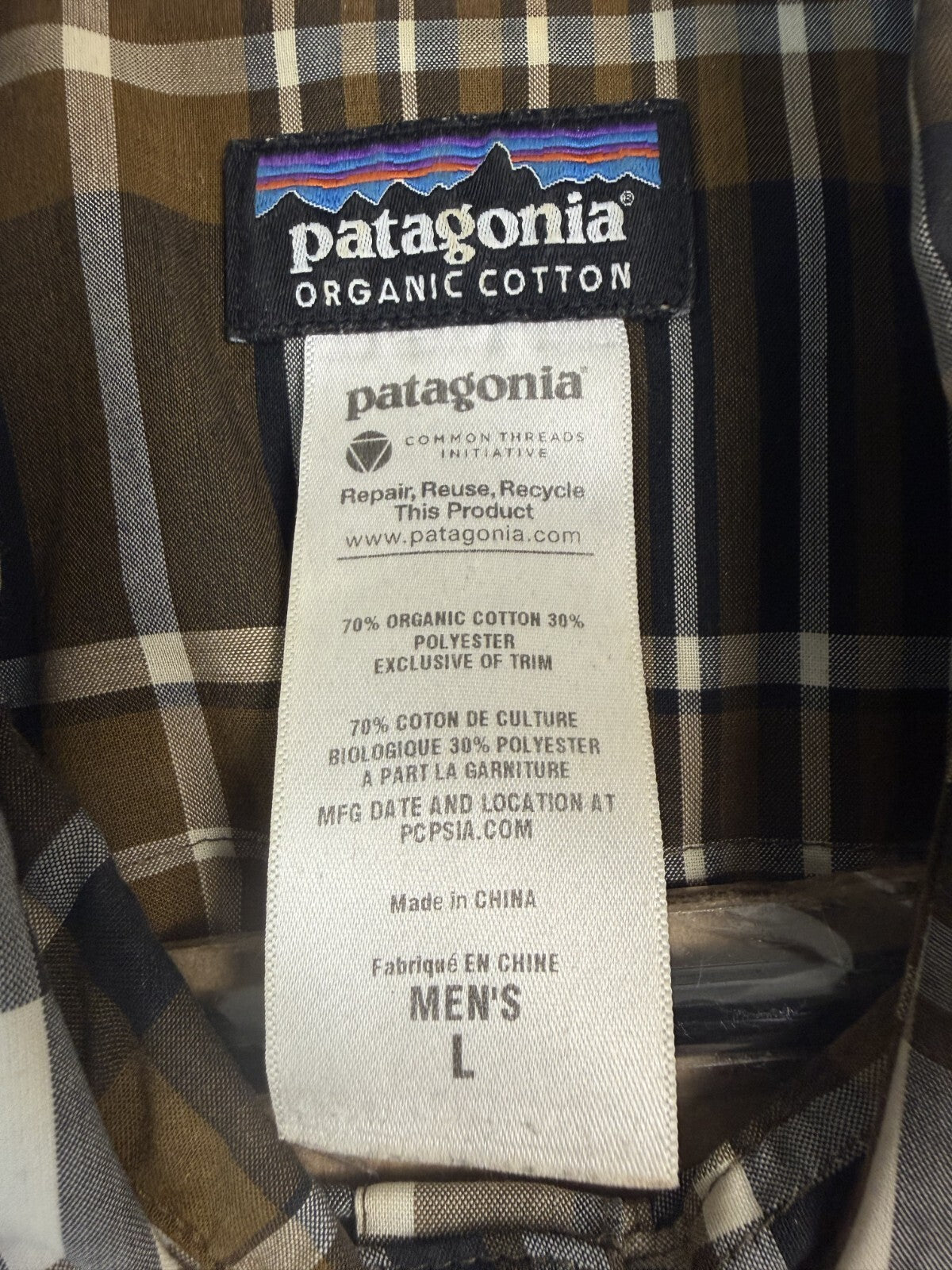 Patagonia Mens Large Organic Cotton Plaid Short Sleeve Button Down Shirt Brown