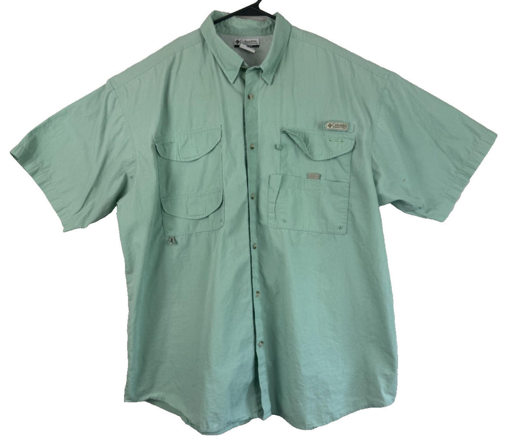 Columbia PFG 2XL XXL Solid Short Sleeve Button-Down Shirt Green Fishing Pockets