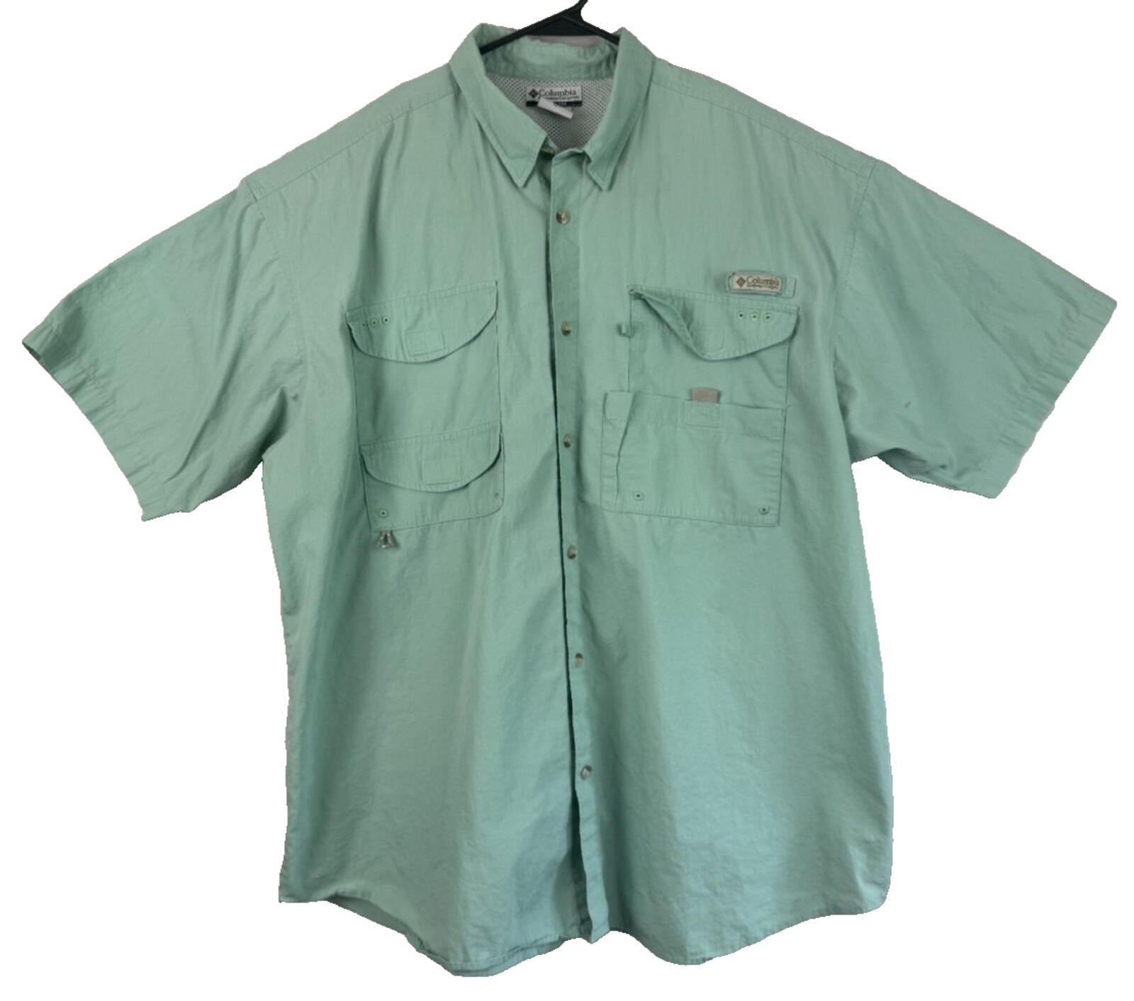 Columbia PFG 2XL XXL Solid Short Sleeve Button-Down Shirt Green Fishing Pockets