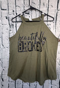 Womens Beautifully Broken Graphic Tank Top Size XL Olive Green High Neck