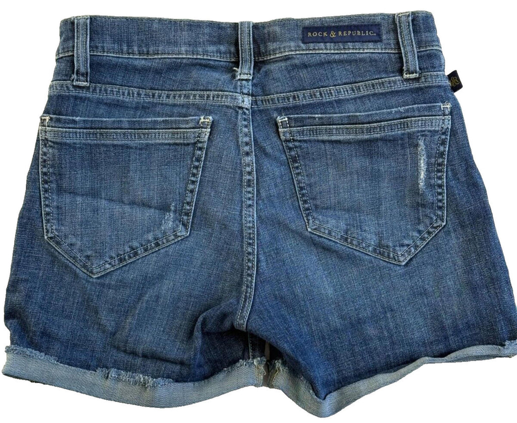 Rock & Republic Womens size 6 Bumpershoot Distressed Denim Shorts Raw Hem