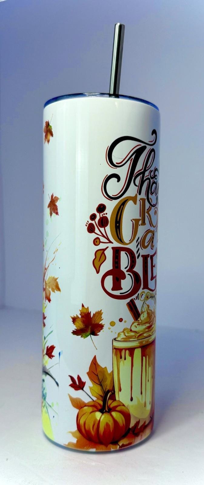 20 oz Thankful, Greatful, Blessed Stainless Steel Tumbler with Lid, Straw Fall