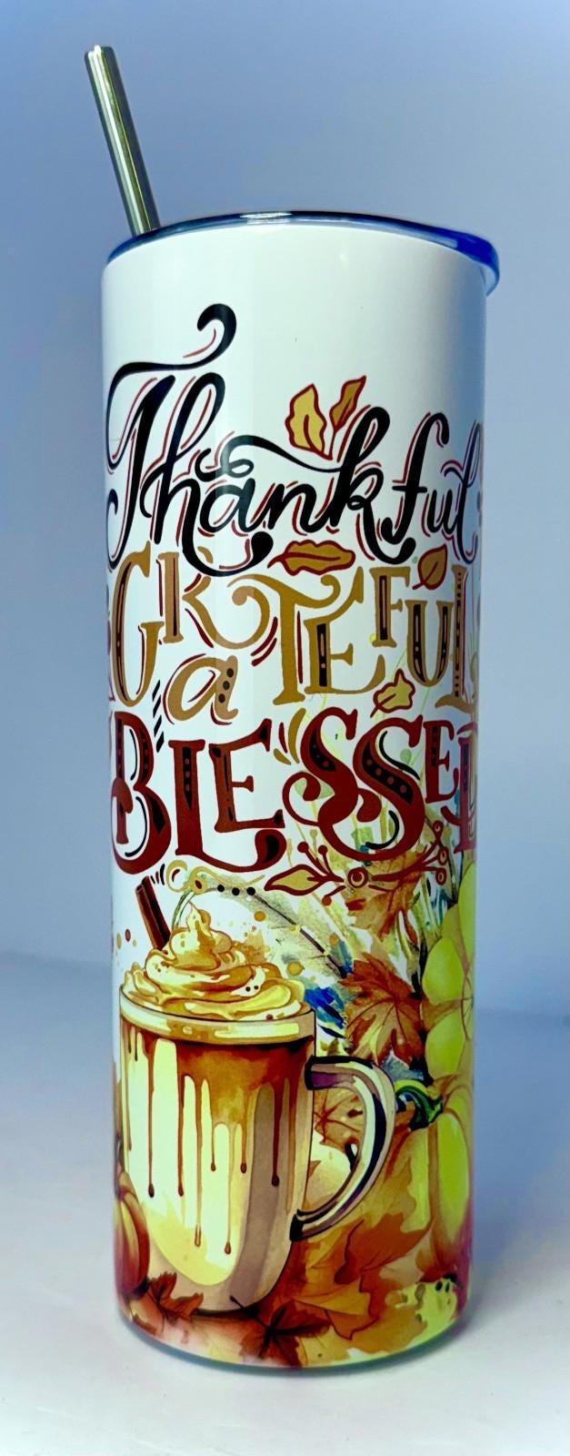 20 oz Thankful, Greatful, Blessed Stainless Steel Tumbler with Lid, Straw Fall