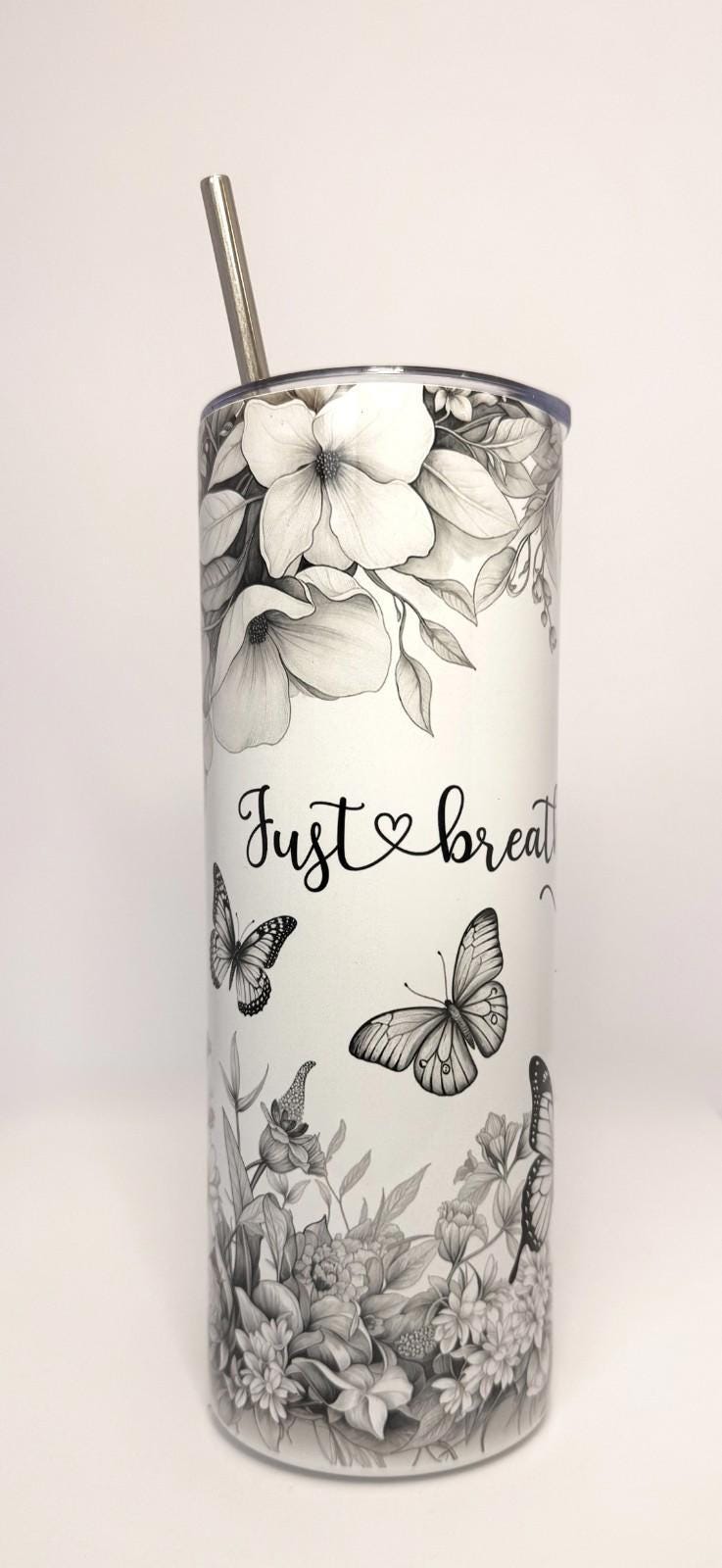 20 oz Let it Go Stainless Steel Tumbler with Lid, Straw -Flowers - Butterflies