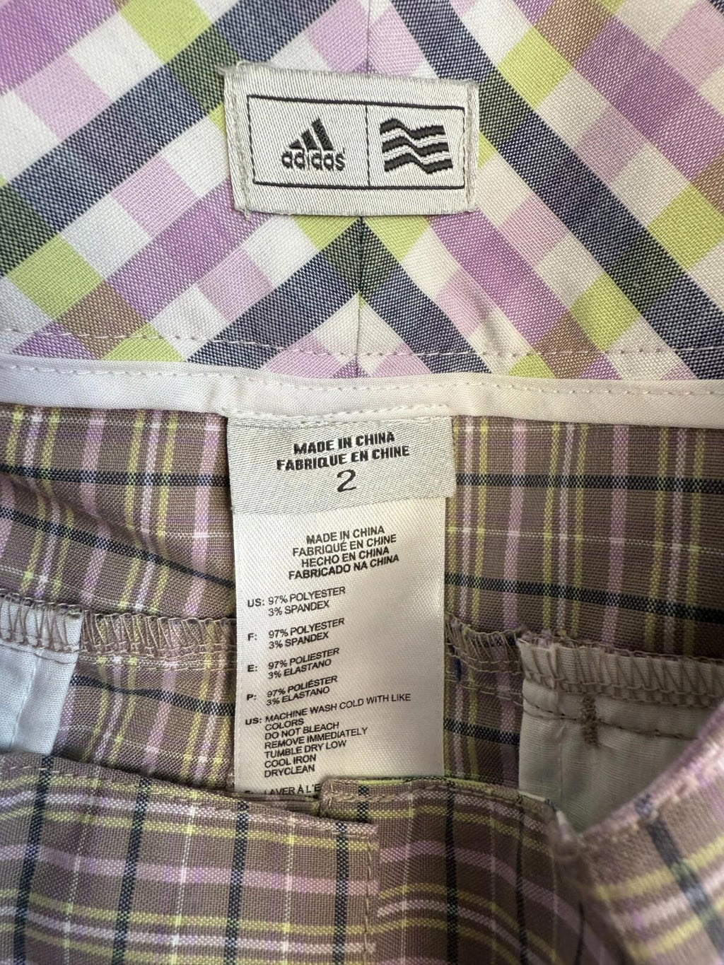 Adidas Womens Shorts sz 2 plaid green pink grey