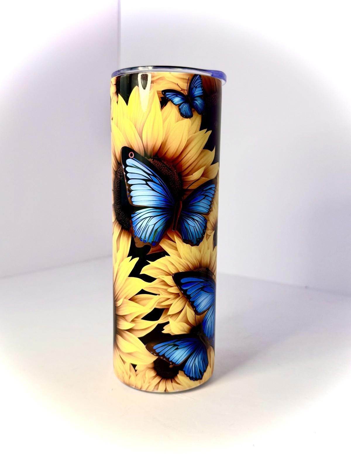 20 oz Sunflower and Butterflies Stainless Steel Tumbler with Lid, Straw