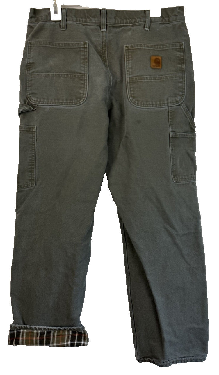 Carhartt Men Flannel Lined Pants 34x30 Loose Fit BN0111-M Green Gray