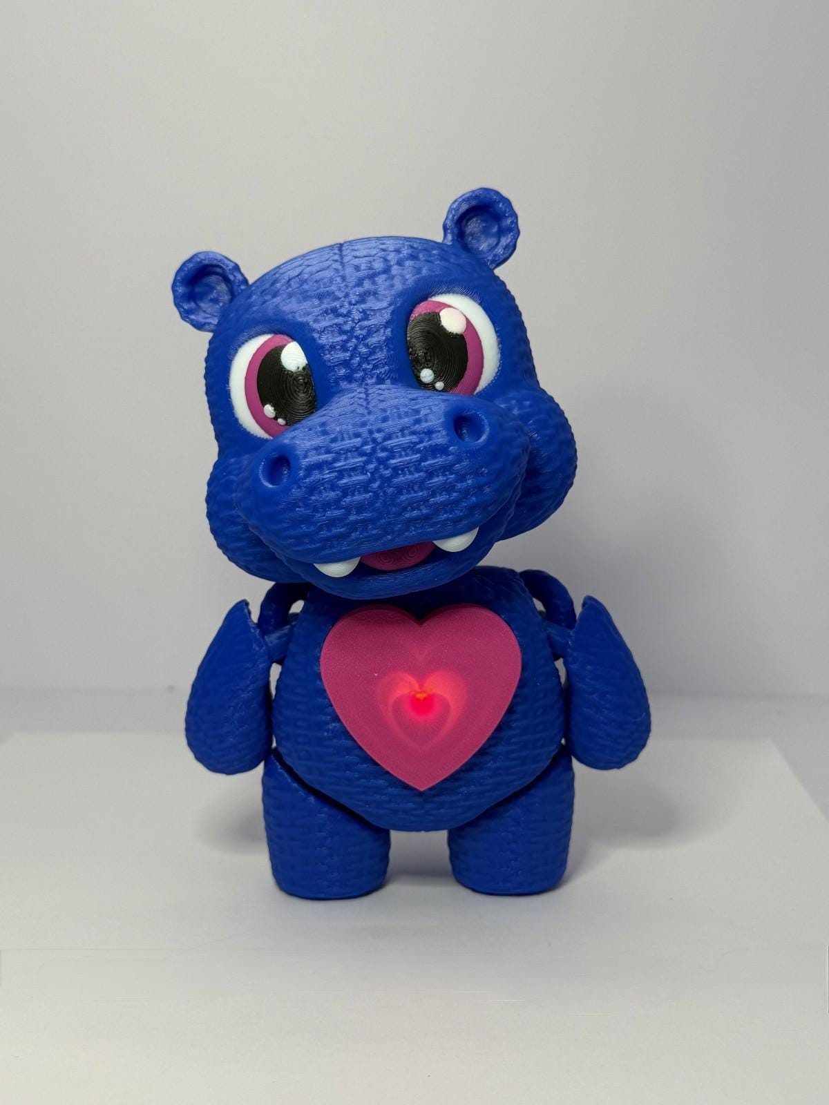 3D Printed Glowing Heart Hippo ~ Blue ~ Movable Arms, Legs, and Head ~ 7 Inch