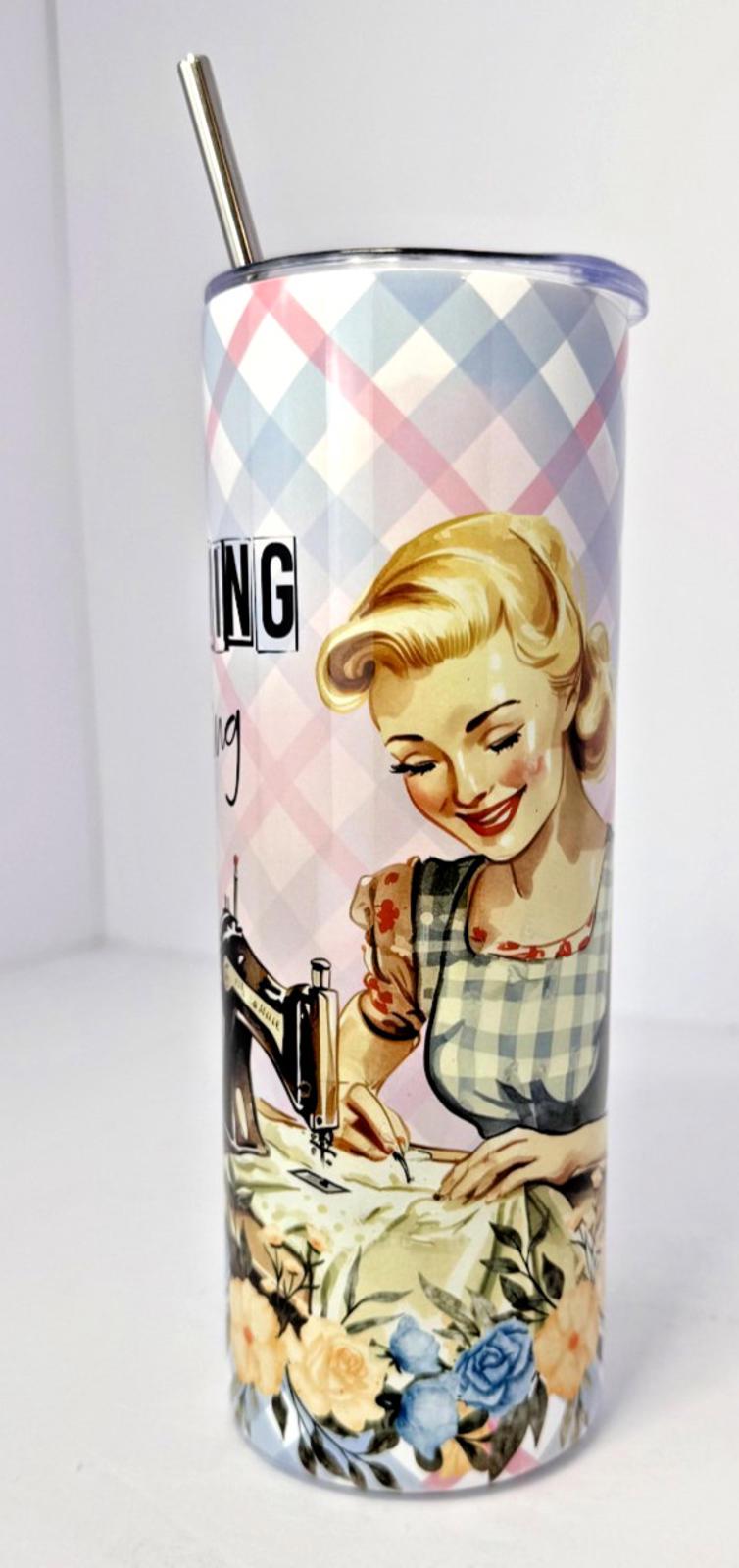 20 oz Retro Sewing Stainless Steel Tumbler with Lid, Straw