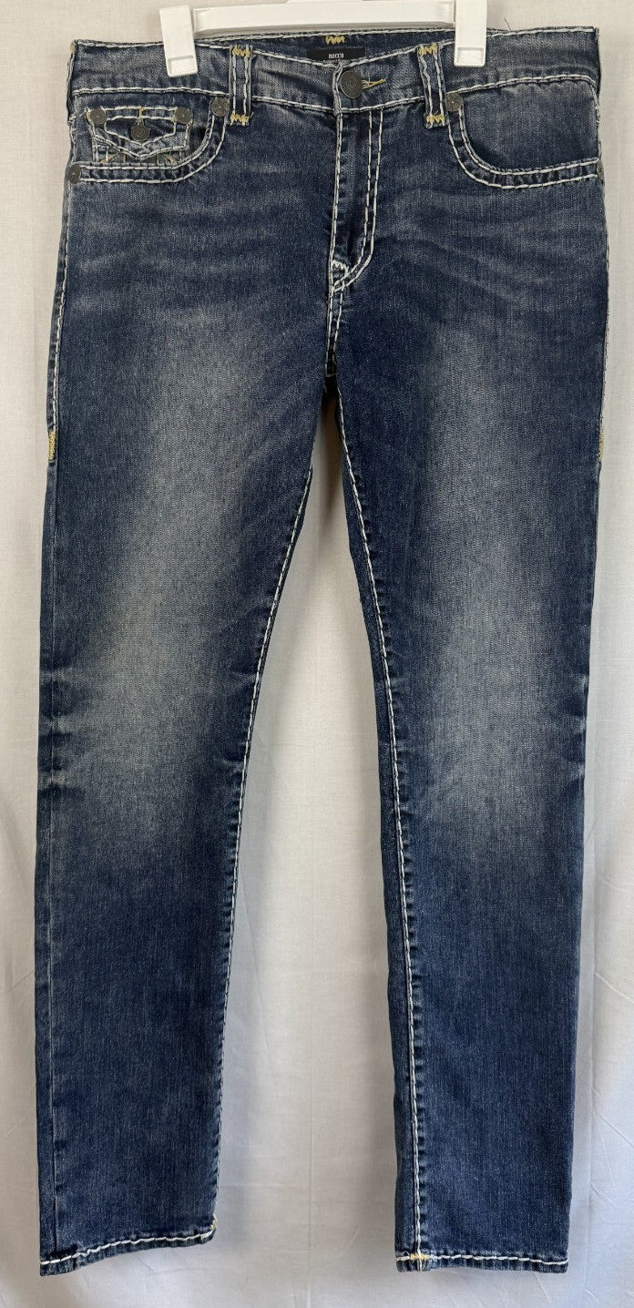 True Religion ROCCO Relaxed Skinny Mens Sz 36 x 34 Blue Denim Jeans Thick Stitch