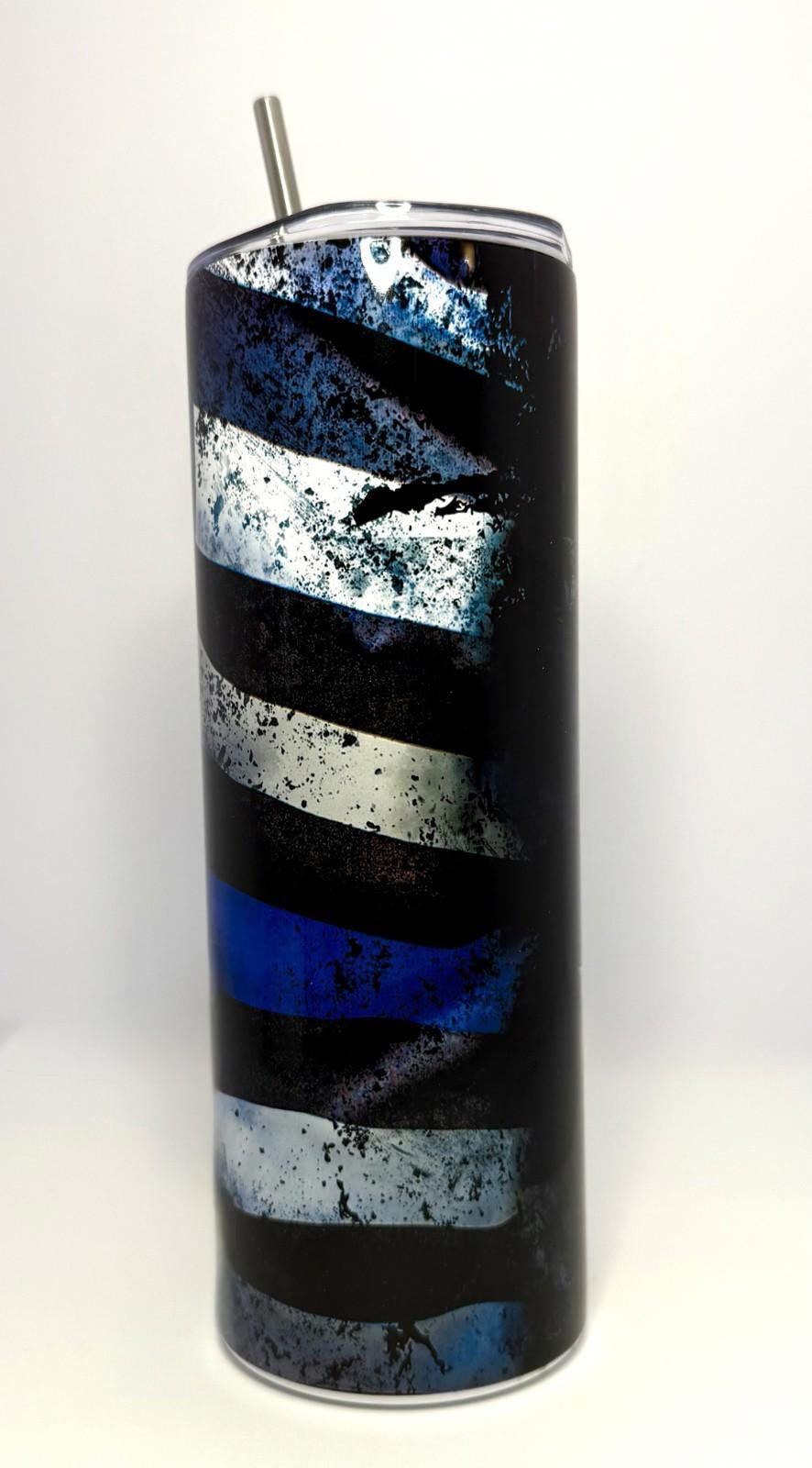 20 oz Blue Line Stainless Steel Tumbler with Lid, Straw