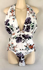 CUPSHE White Floral One Piece Swimsuit Halter Plunge Lined Womens Size L NWT