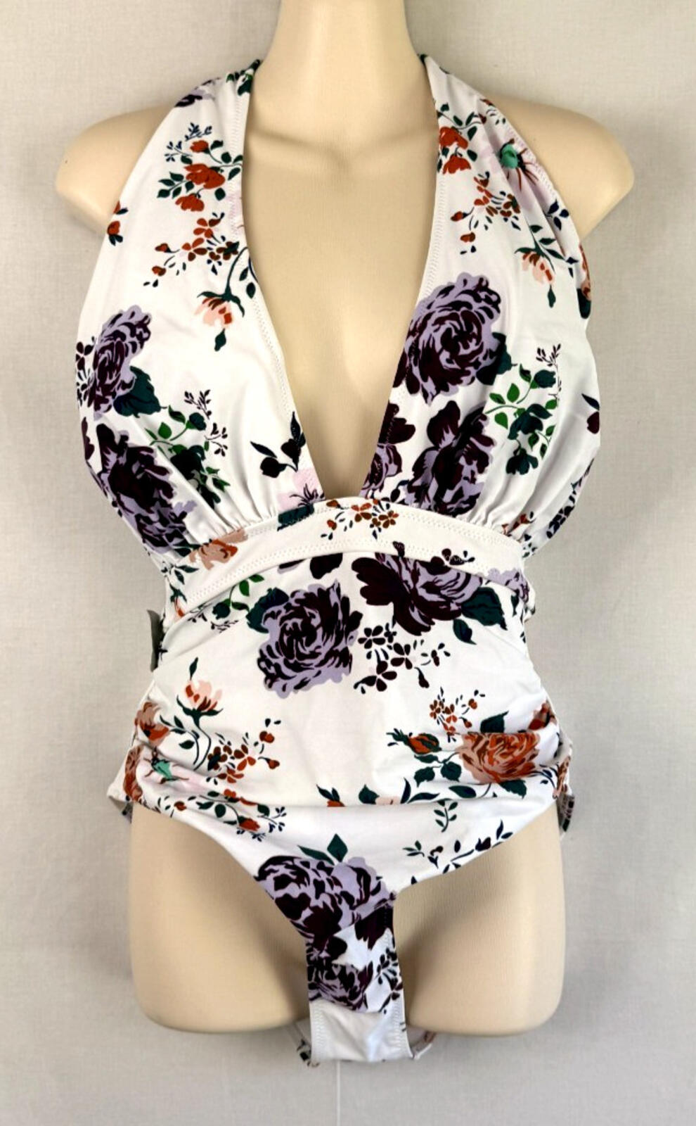 CUPSHE White Floral One Piece Swimsuit Halter Plunge Lined Womens Size L NWT