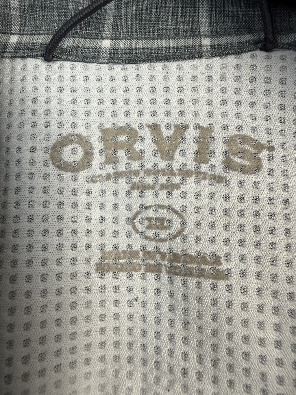 Orvis Mens XL Gray Windowpane Check Tech Short Sleeve Button Up Shirt