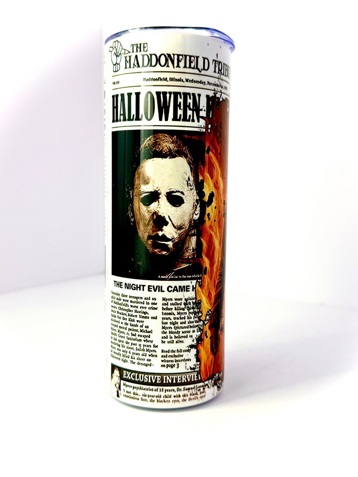 20 oz Michael Myers Newspaper Stainless Steel Tumbler with Lid, Straw Halloween