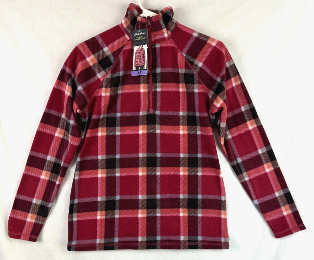 Eddie Bauer Womens Fleece Sz XS 1/4 Zip Pullover NEW Berry Plaid NEW Red/Pink