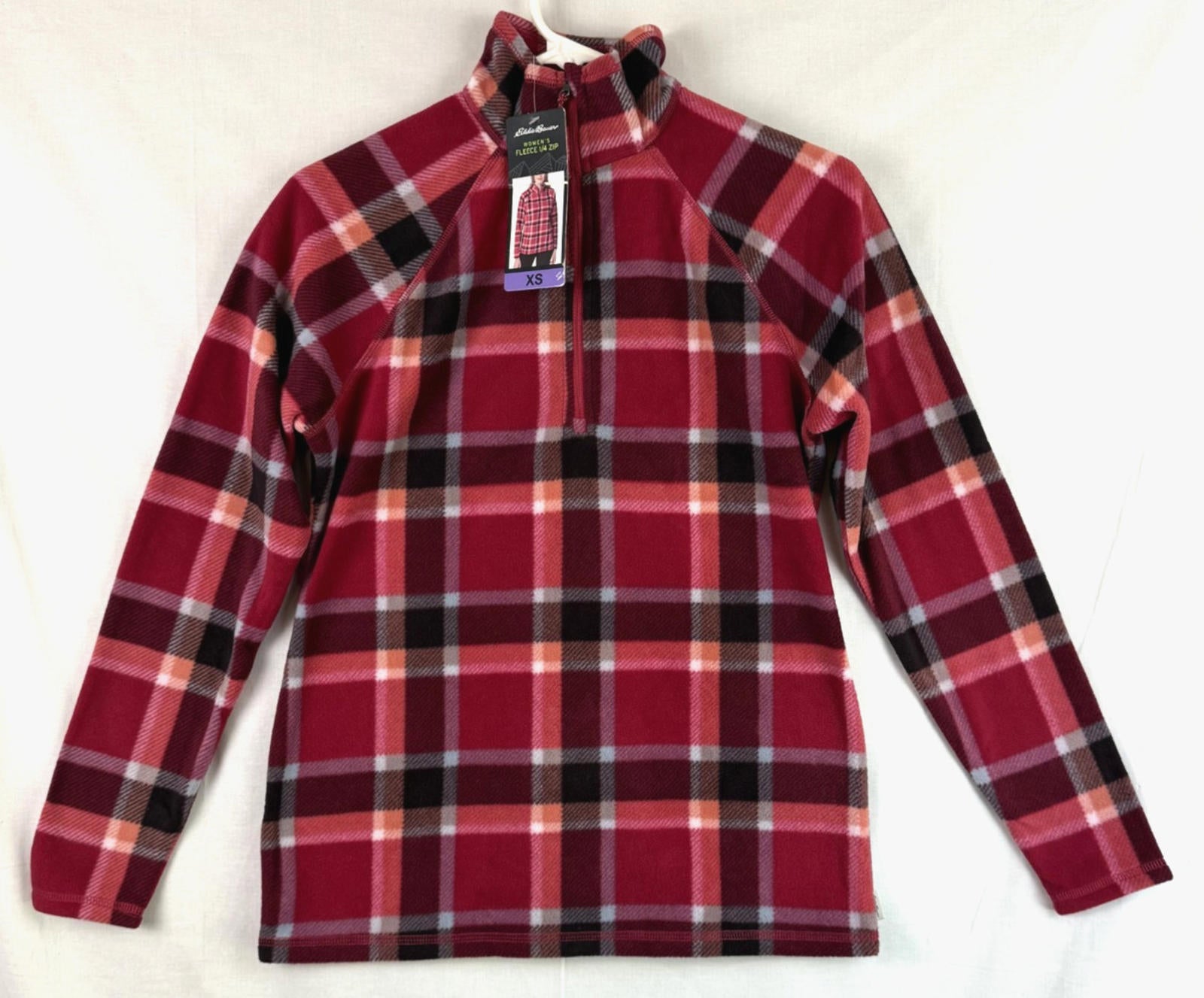 Eddie Bauer Womens Fleece Sz XS 1/4 Zip Pullover NEW Berry Plaid NEW Red/Pink