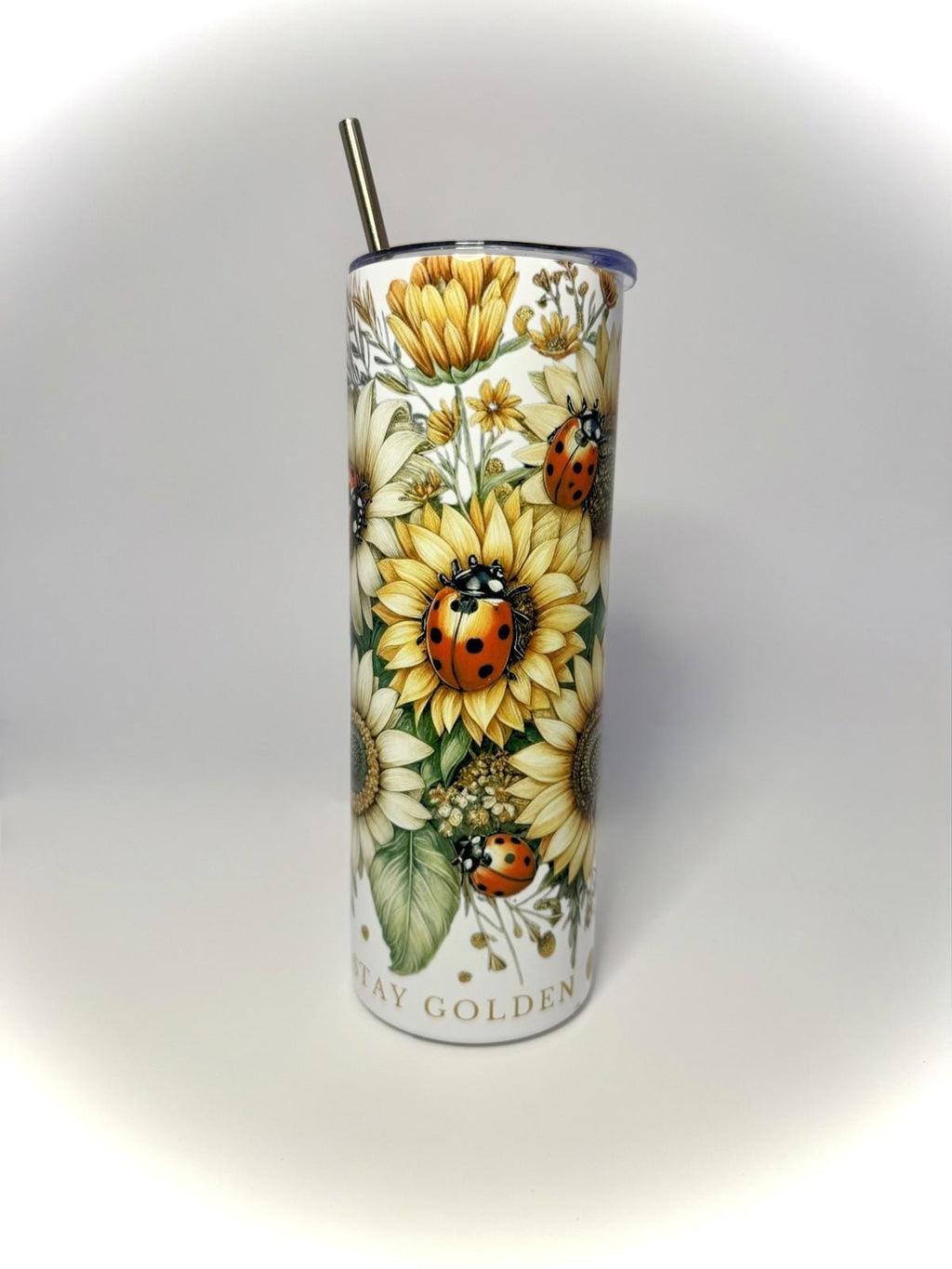 20 oz Stay Golden Sunflower and LadyBugs Stainless Steel Tumbler with Lid, Straw