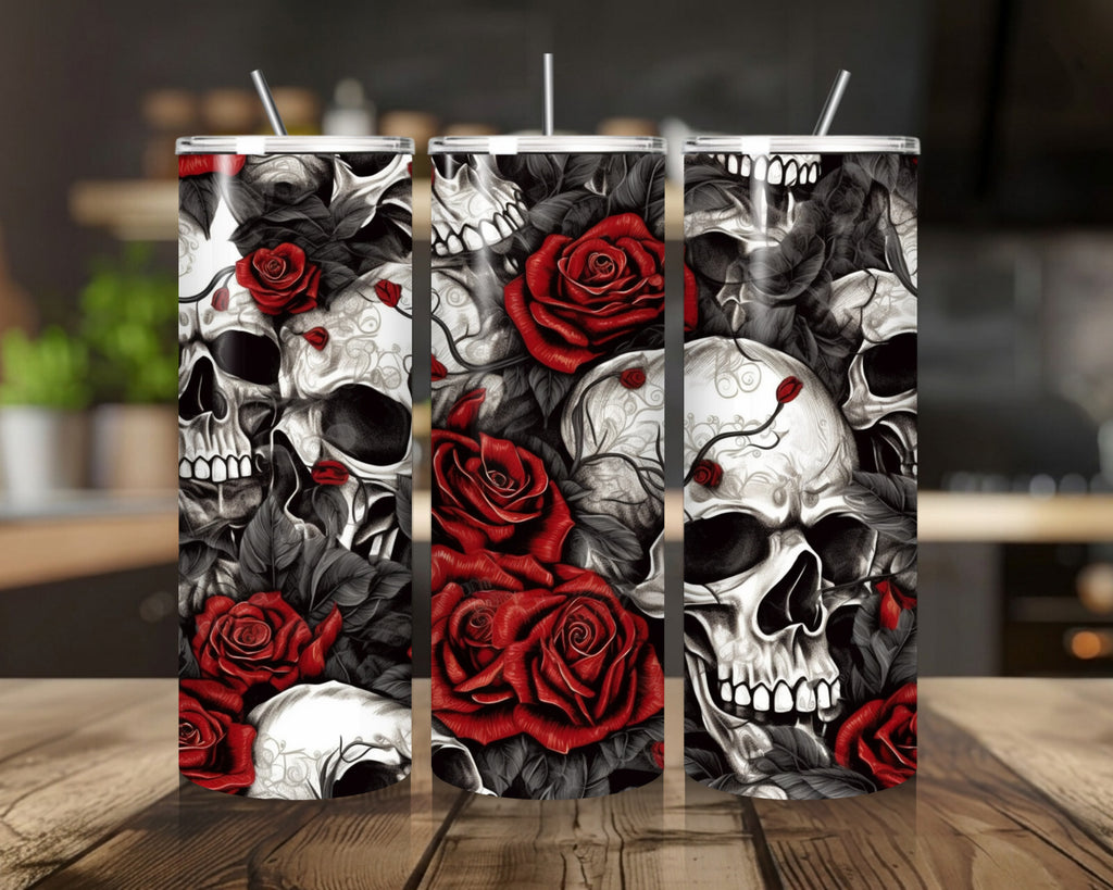 20 oz Skulls and Roses Stainless Steel Tumbler with Lid, Straw