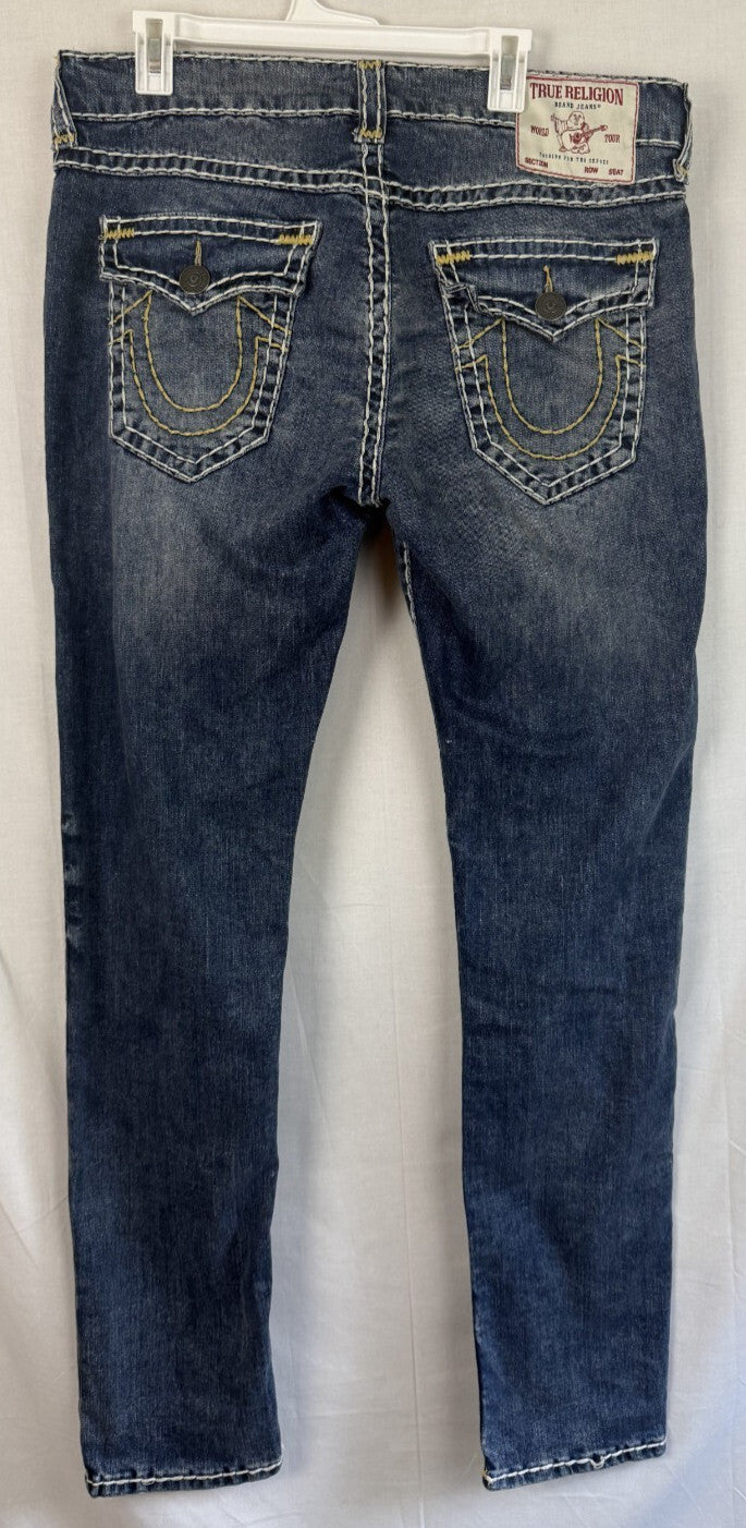 True Religion ROCCO Relaxed Skinny Mens Sz 36 x 34 Blue Denim Jeans Thick Stitch