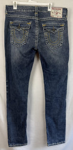 True Religion ROCCO Relaxed Skinny Mens Sz 36 x 34 Blue Denim Jeans Thick Stitch
