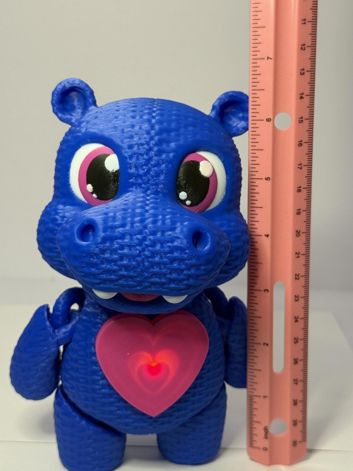 3D Printed Glowing Heart Hippo ~ Blue ~ Movable Arms, Legs, and Head ~ 7 Inch