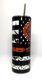 20 oz Fire Dept Red Line Stainless Steel Tumbler with Lid, Straw