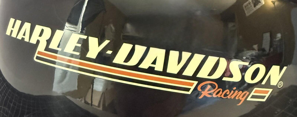 Harley-Davidson Racing Burnout Half Helmet Sz XXL Black Orange Stripe Skull Cap