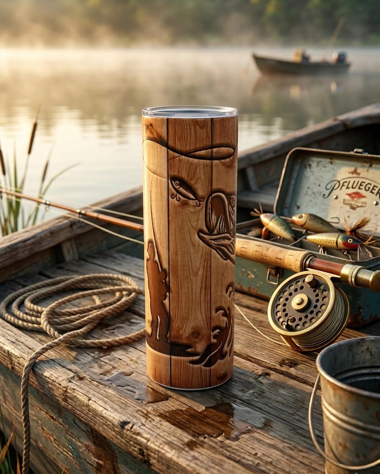 20 oz Customizable Wood-Looking Fishing Stainless Steel Tumbler with Lid, Straw