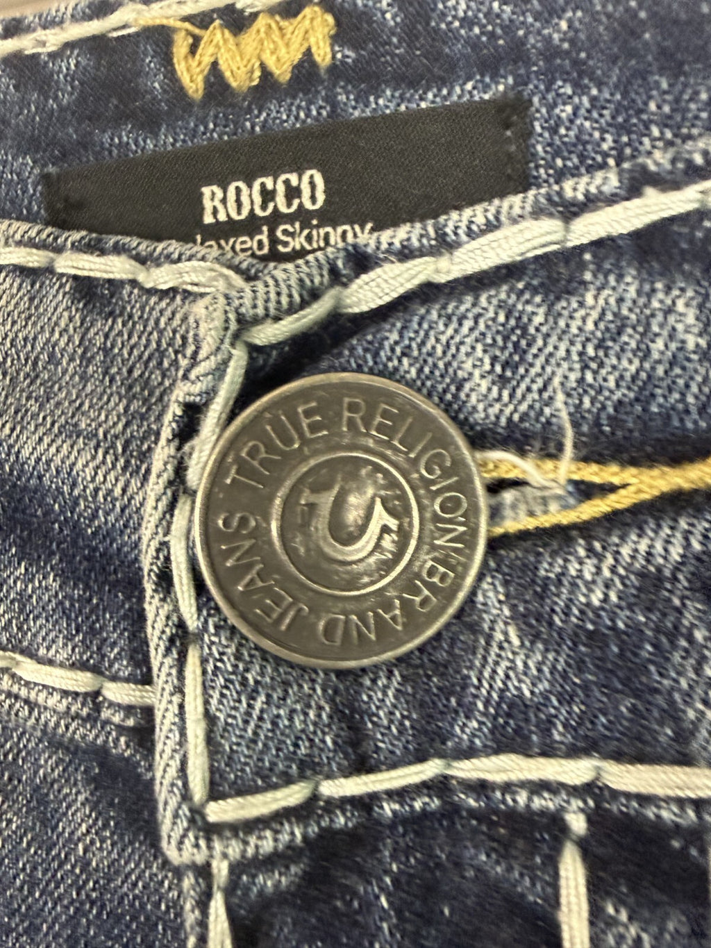 True Religion ROCCO Relaxed Skinny Mens Sz 36 x 34 Blue Denim Jeans Thick Stitch