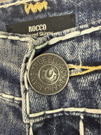 True Religion ROCCO Relaxed Skinny Mens Sz 36 x 34 Blue Denim Jeans Thick Stitch